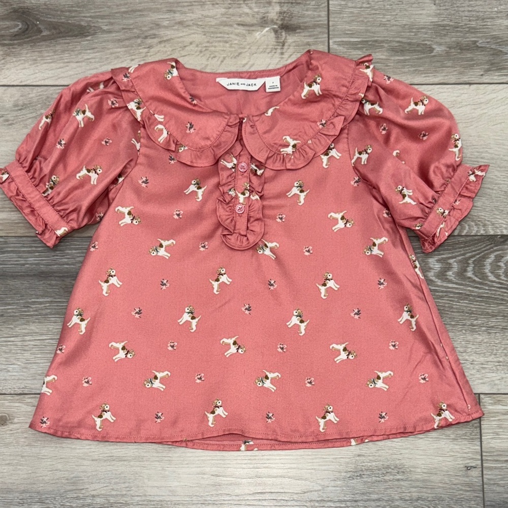 Janie and Jack Pink Silky Blouse with Dog Print